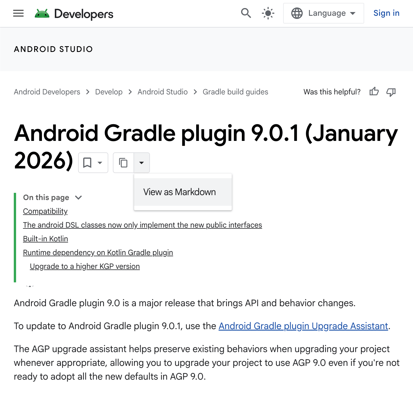 AGP 9.0.0 release notes page in the documentation